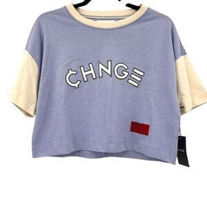 NWT CHNGE Blue Cream 100% Organic Cotton Short Sleeve Crop T-Shirt Small